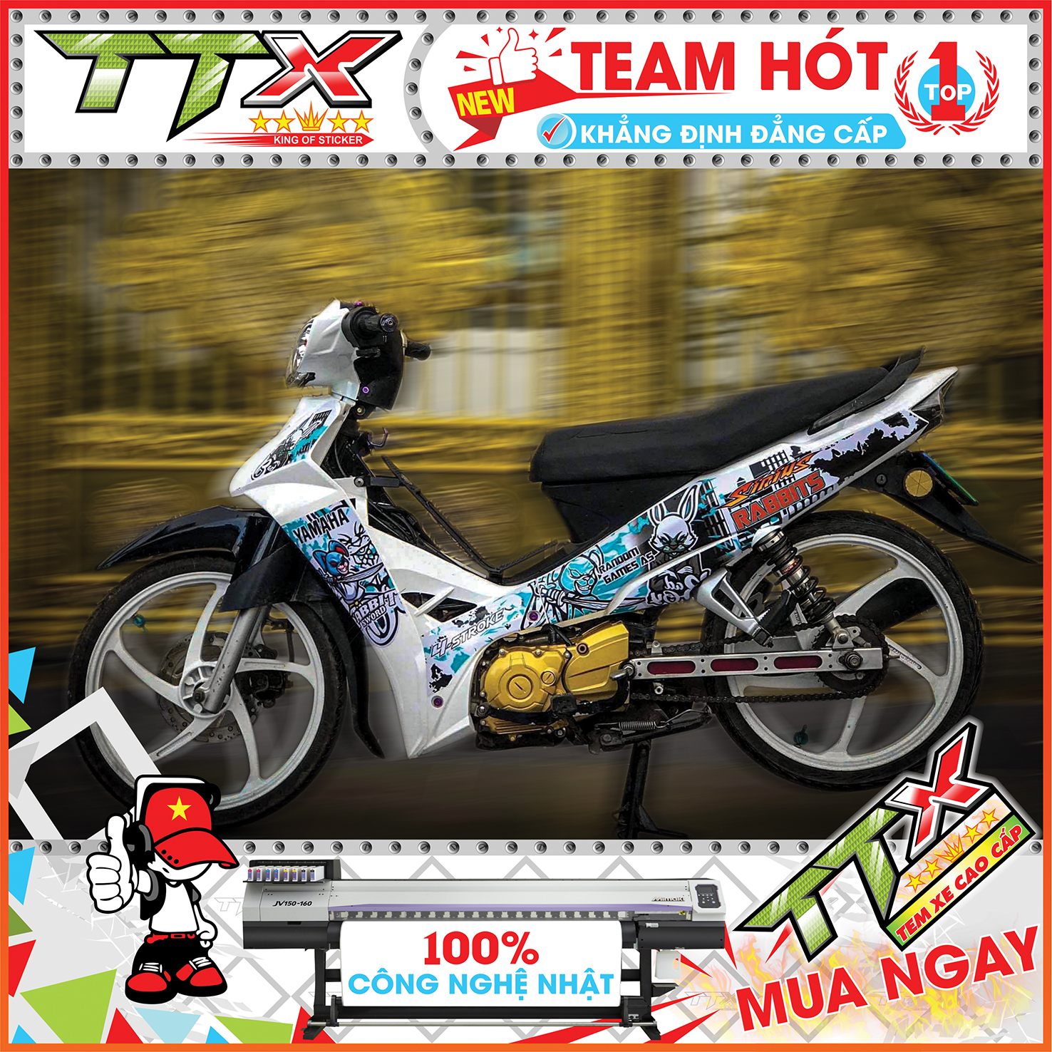 Tem chế sirius thỏ rabbits , Team rời sirius dán xe màu trắng nền đen siêu đẹp , Shop TTX Tem sirius