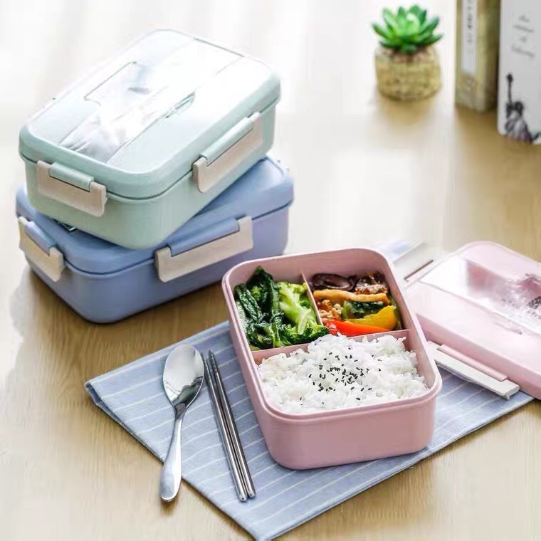 Set hộp cơm lúa mạch tiện dụng 3 ngăn kèm đũa thìa giá siêu rẻ