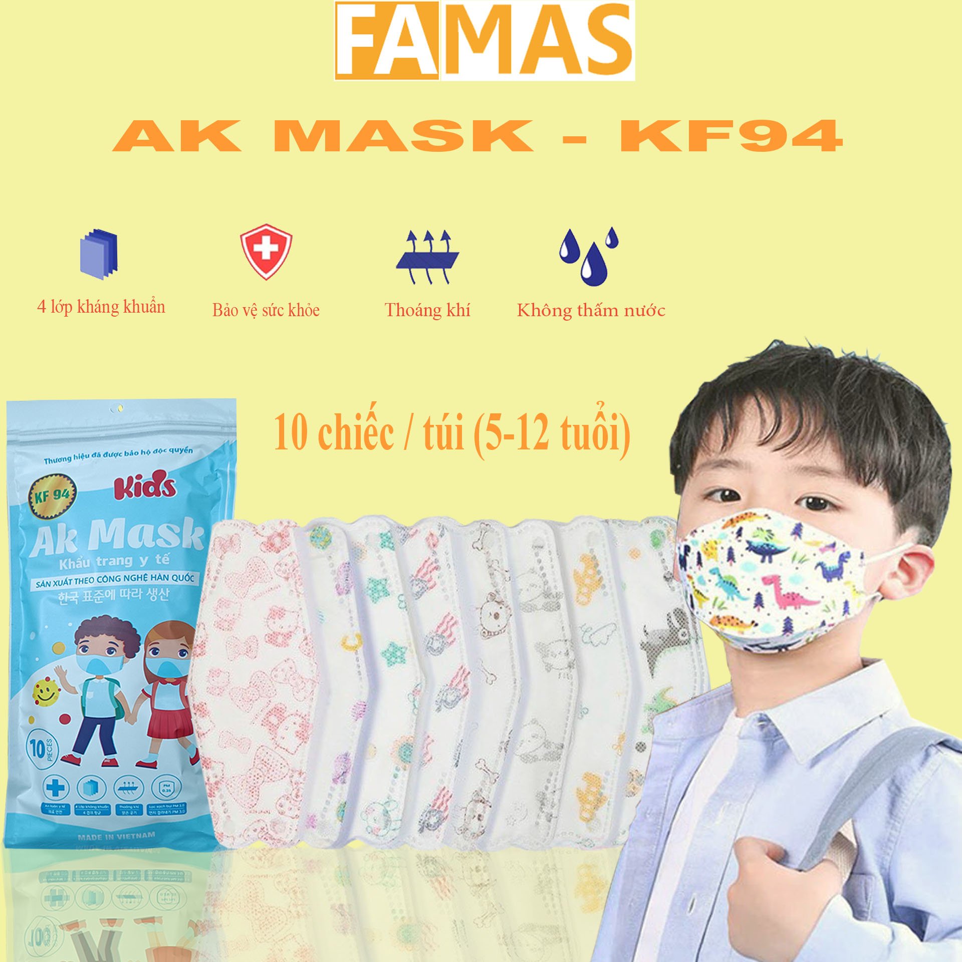 Set 50 chiếc khẩu trang KF94 trẻ em Hàn Quốc,khẩu trang cho bé 4d kháng khuẩn chống bụi mịn chính hãng
