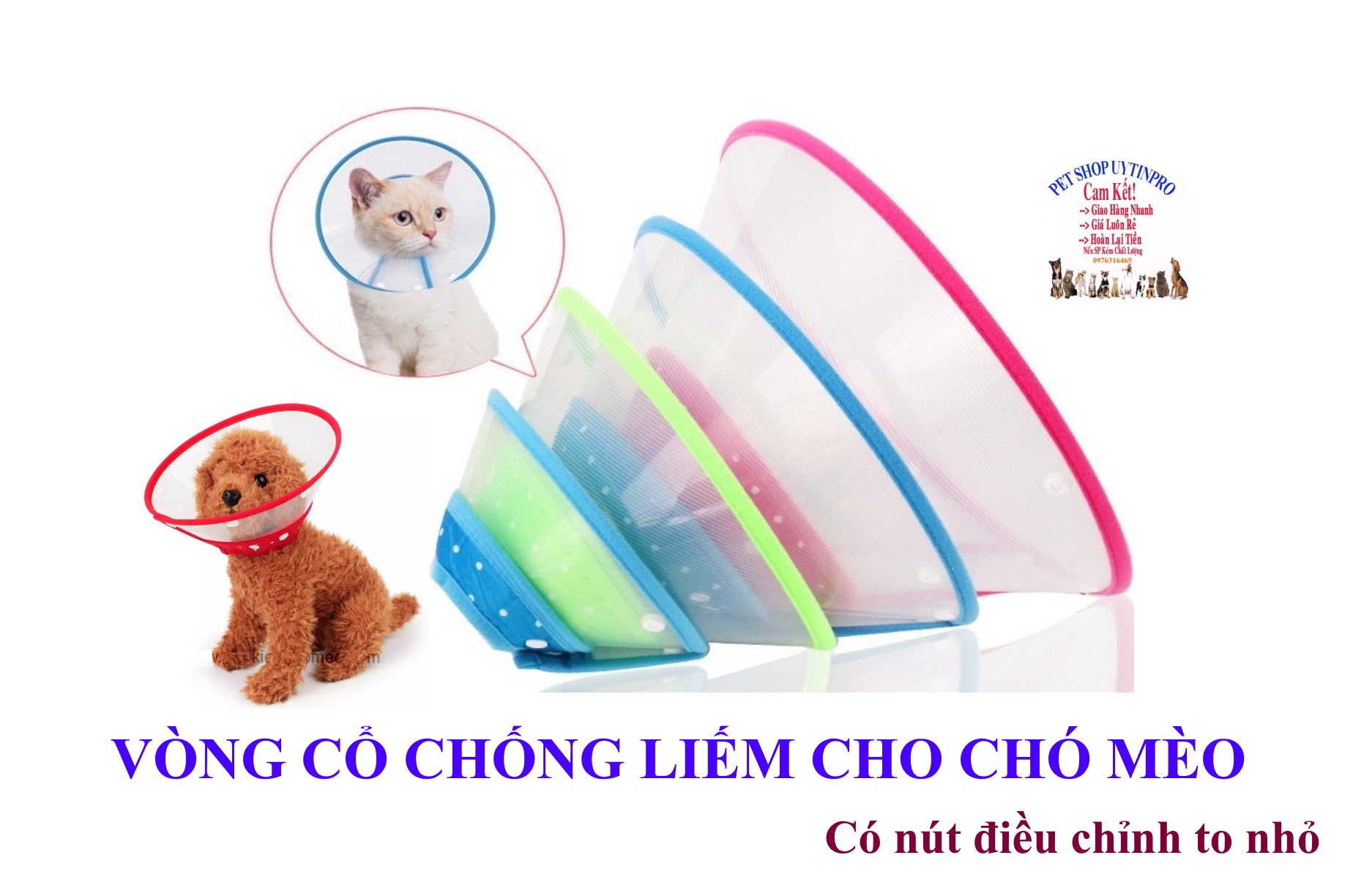 [Hoàn tiền 10%]  Vòng cổ chống liếm cho Chó Mèo Chất liệu nhựa trong suốt an toàn, Có nút bấm để điều chỉnh cho phù hợp với Thú cưng - Pet shop Uytinpro