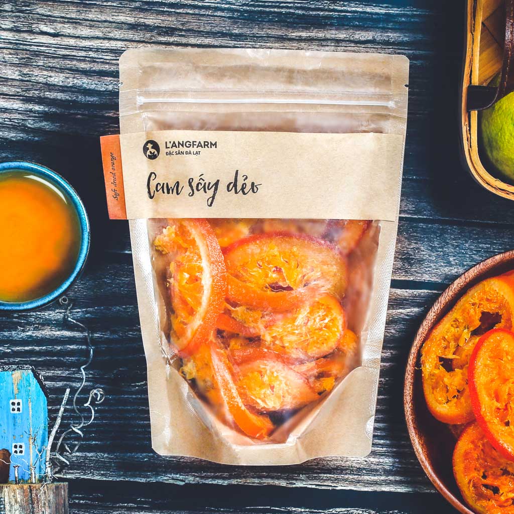 Cam sấy dẻo L'angfarm, 225g, bịch, mẫu kraft 1 mặt trong
