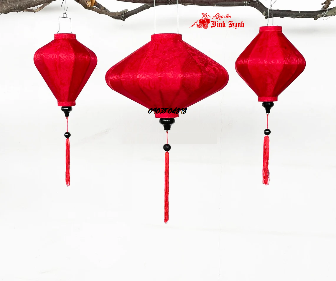 Combo 3 chiếc đèn lồng hội an vãi lụa tơ tằm màu đỏ - 35cm, 50cm, 70cm - dùng trang trí nhà cửa, tiệc cưới, quán cafe, nhà hàng, khách sạn, đền chùa...