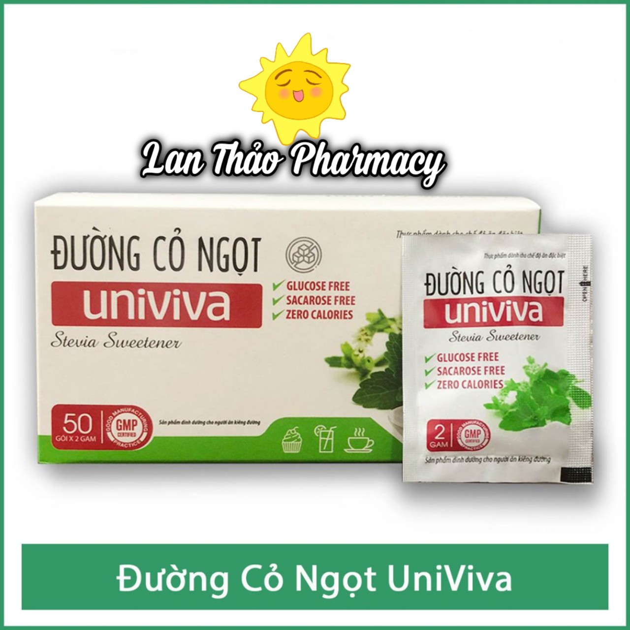 Đường cỏ ngọt Univiva hộp 50 gói dành cho người ăn kiêng, tiểu đường, béo phì