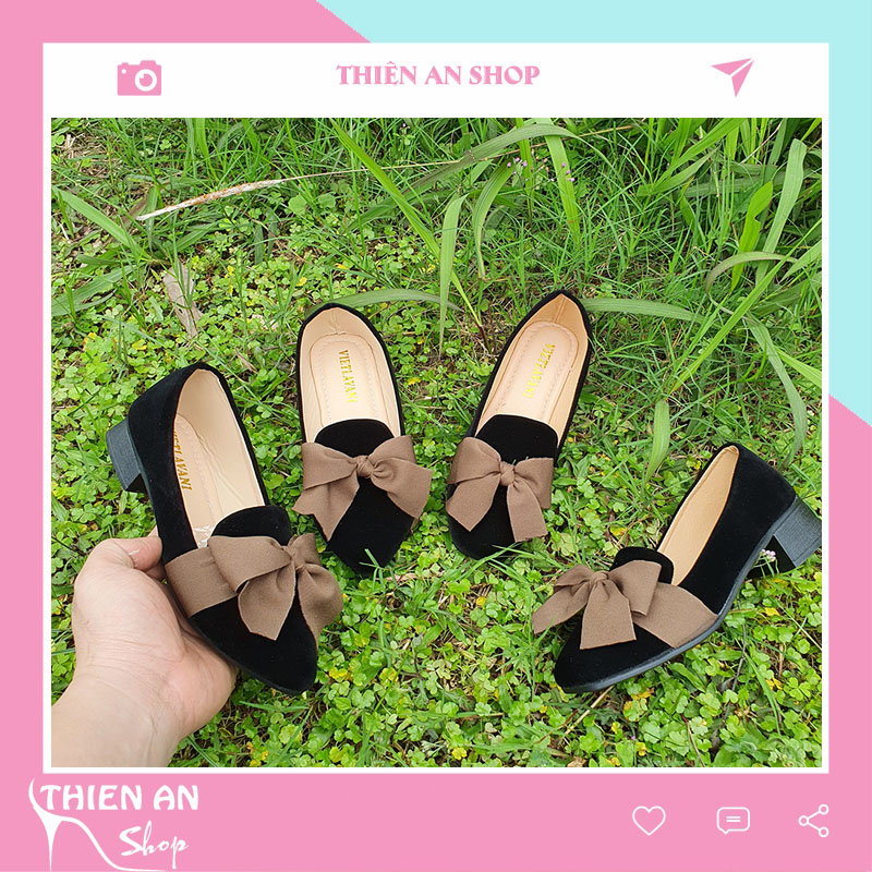 Giày búp bê nữ nhung mũi tròn phối nơ Thiên An gót 3 phân