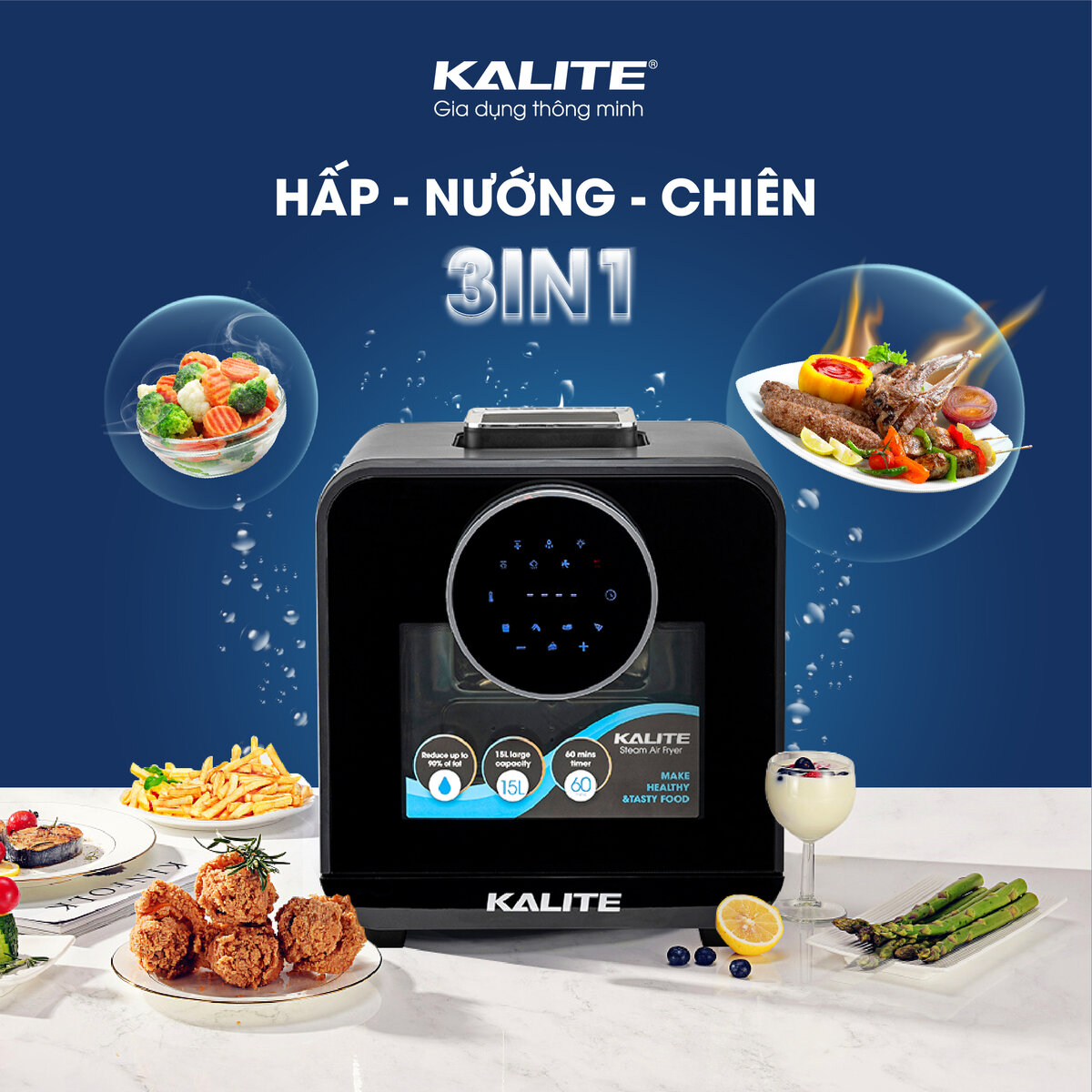Nồi chiên hơi nước Kalite steam star,hấp&chiên và nướng 3in1,công nghệ steam active đột phá,setup 9 chức năng nấu, dung tích 15L,bảo hành 24 bởi nhà phân phối chính hãng