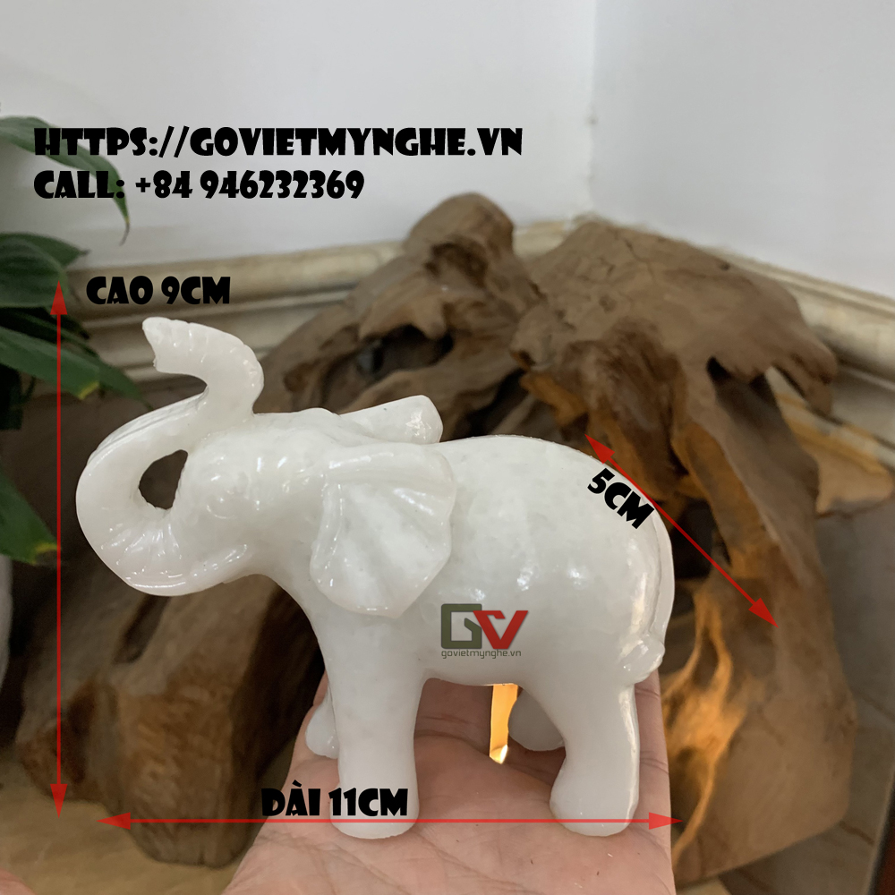 01 Tượng voi đá phong thủy trang trí nhà cửa dáng voi vòi hướng lên - Dài 11cm - Trắng đá non nước