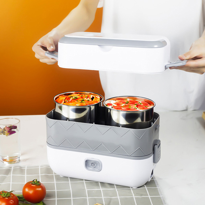 Nồi cơm điện mini có thể nấu cơm hoặc hâm nóng cơm và thức ăn tự động thiết kế 2 tầng với 4 ngăn đựng bằng inox 304 có nắp đậy chống tràn - Cạp lông cơm Cooking mẫu mới cho cả nam và nữ mang cơm đi làm