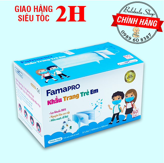 [HCM]Hộp 50 cái khẩu trang y tế trẻ em (từ 4 tuổi) thương hiệu FAMAPRO MAX KID