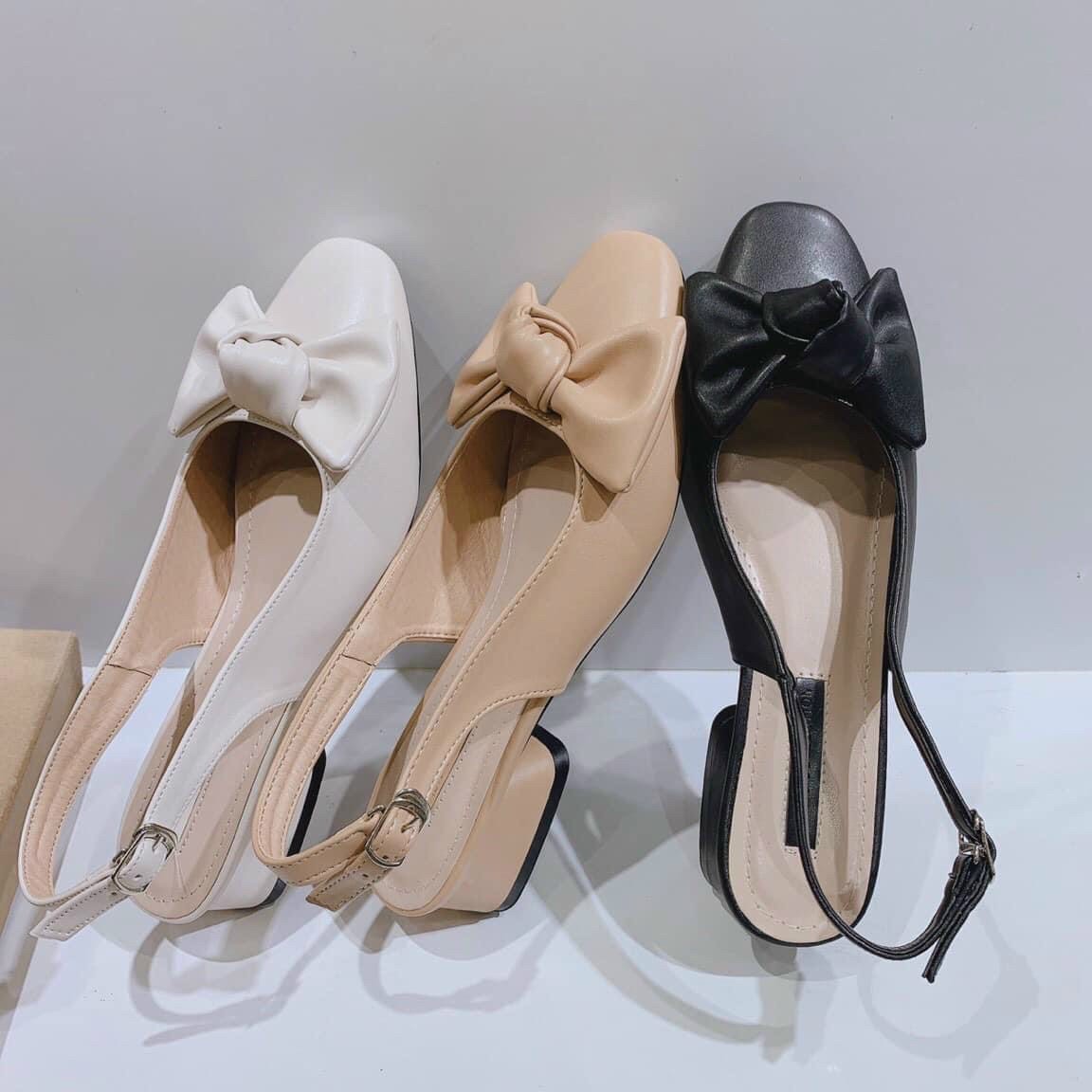 Sandal bít mũi nơ phồng da mịn trắng nude quai cài - 2P