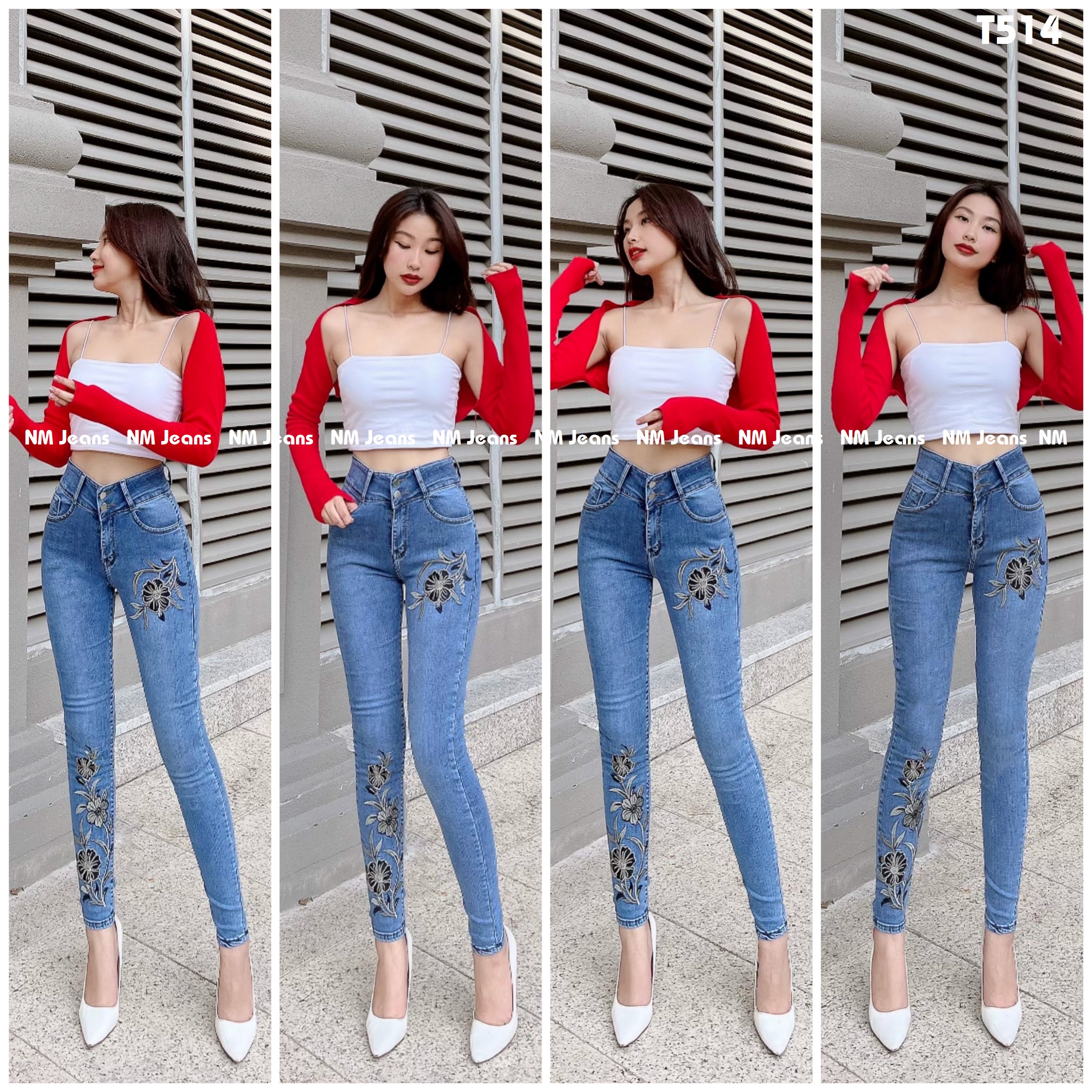 Quần jean nữ thêu hoa chất jean mềm co giãn T614