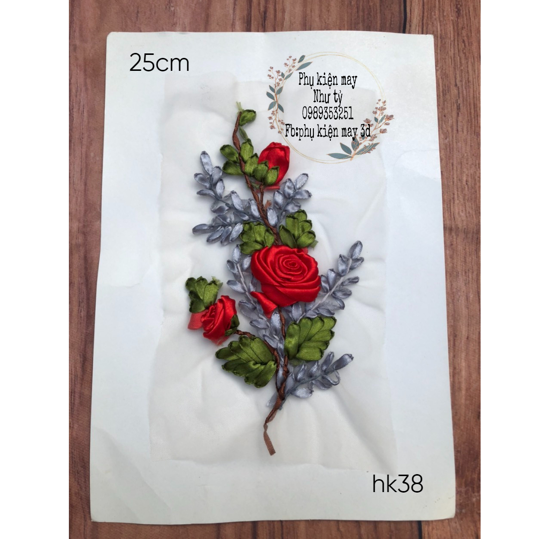 Nhánh hoa hồng ren thêu ruy băng xinh trang trí áo dài 25cm