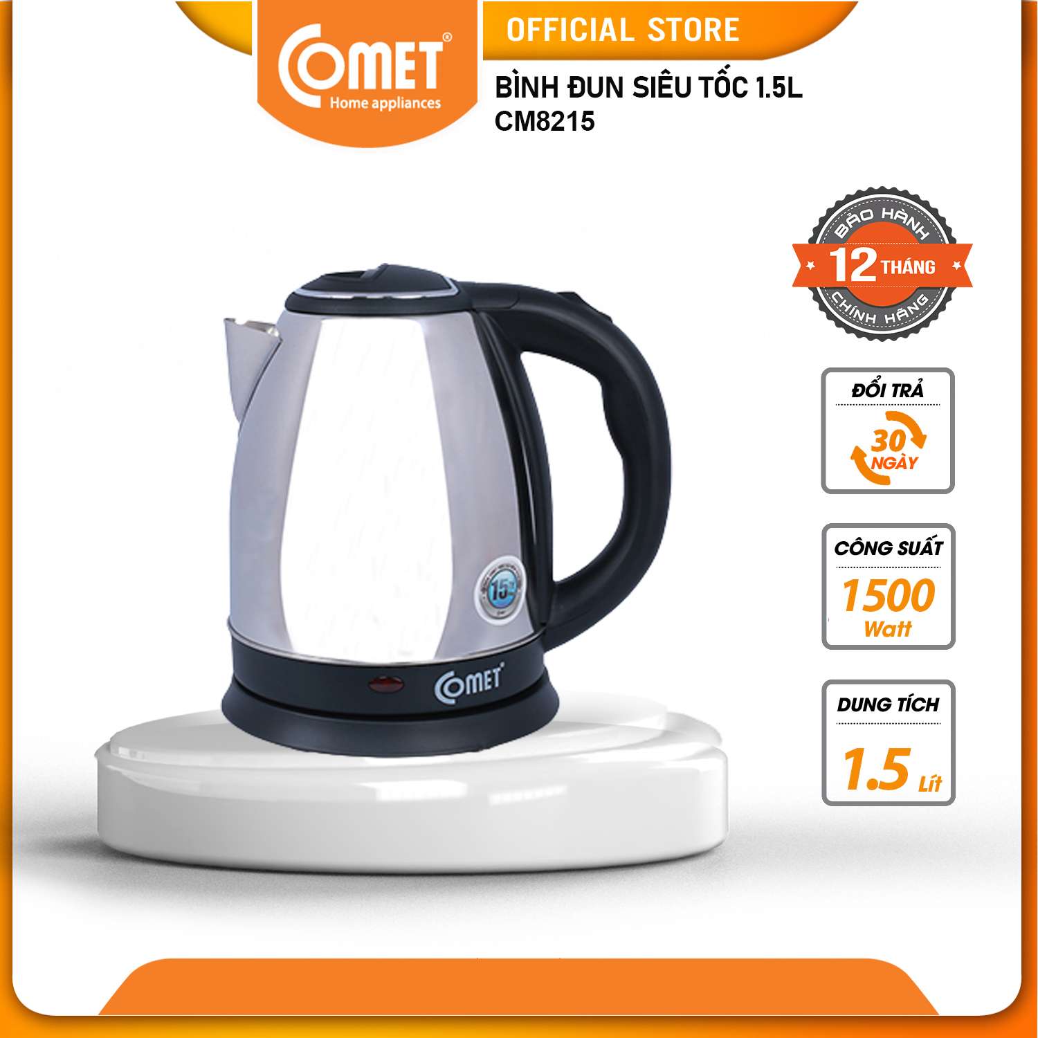 Bình đun nước siêu tốc comet - cm8215 1.5l 1500w - đun sôi từ 4 - 6 phút + chế độ tự ngắt - bảo hành 12 tháng - hàng chính hãng