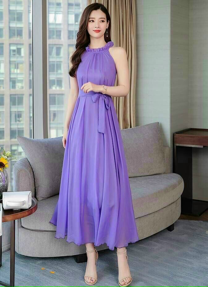 Đầm maxi dài cổ xếp ly sang trọng