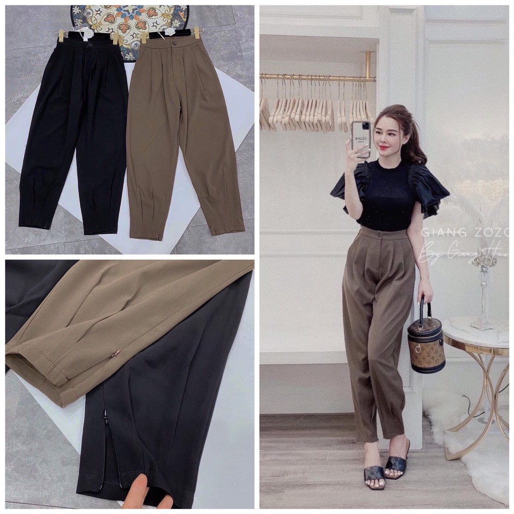 Quần Tây Baggy nữ lưng cao bo gấu khóa kéo xếp ly vải tuyết mưa