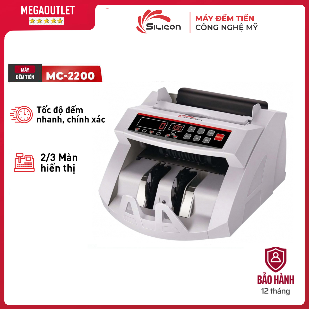 Máy đếm tiền tự động nhập khẩu silicon mc-2200, tốc độ ≥1000 tờ/phú, đếm tiền giấy ,polime vnd, ngoại tệ, usd & euro, 2 màn hình hiển thị- chính hãng bảo hành 1 năm