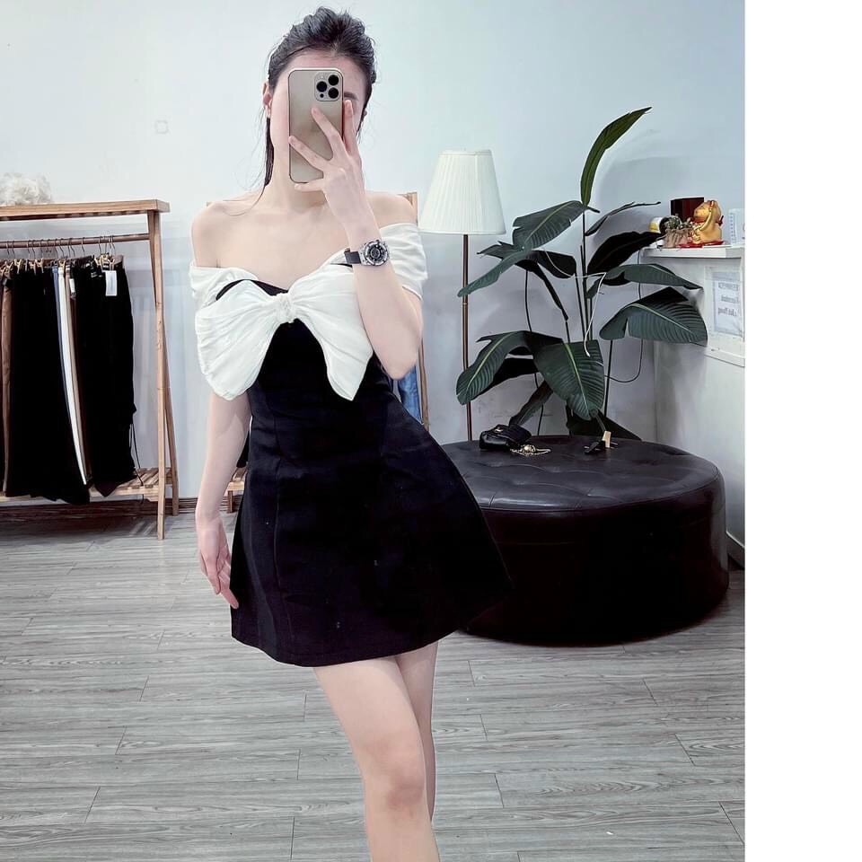 [Voucher 50k Freeship Max 0 đồng toàn quốc] ĐẦM TIỂU THƯ HAI DÂY, ĐẦM ĐI TIỆC TRỄ VAI, VÁY NỮ ÔM BODY TÔN DÁNG, ĐẦM THIẾT KẾ ĐÍNH NƠ MÀU ĐEN SANG CHẢNH