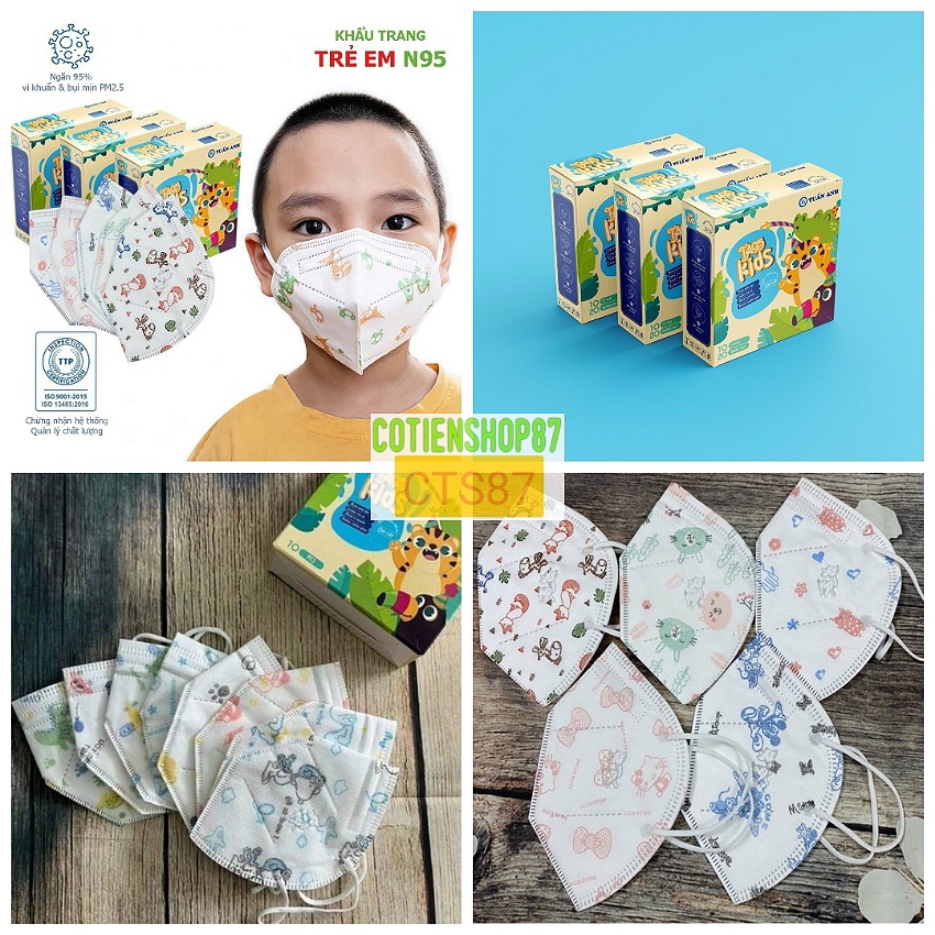 Khẩu trang N95 trẻ em Tuấn Anh, hộp 10 cái, khẩu trang cho bé 4-12 tuổi, 5 lớp kháng khuẩn, dây đeo co dãn, nhiều màu đáng yêu, cotienshop87