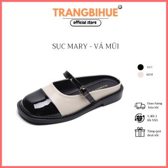 Giày sục hở gót quai ngang Mary Vá Mũi đen đế bệt êm ái