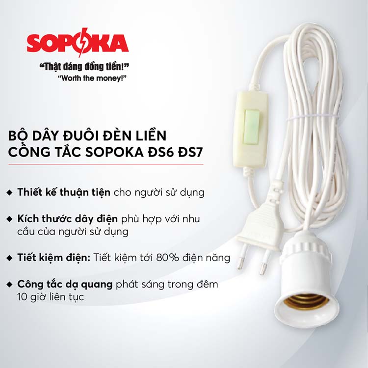 Bộ dây đuôi đèn liền công tắc sopoka đs6 đs7