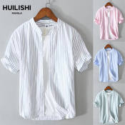 Huilishi Men's Casual Striped Short Sleeve Shirt