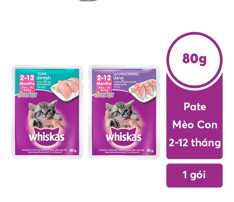 "hoàn tiền đến 10%" whiskas mèo con - 24 gói x 80g: cá thu và cá ngừ