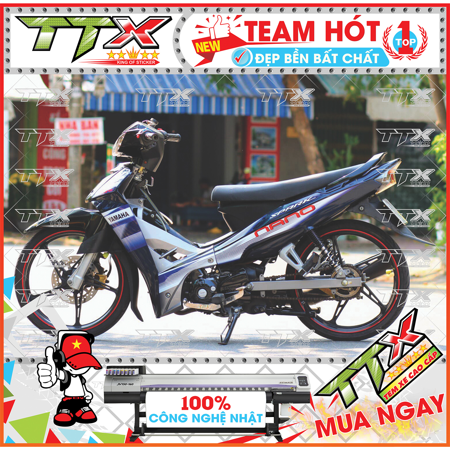 Tem xe sirius nano trắng xanh , Tem dán xe sirius nano spack xanh trắng đen đẹp , Shop Team sirius trắng xanh
