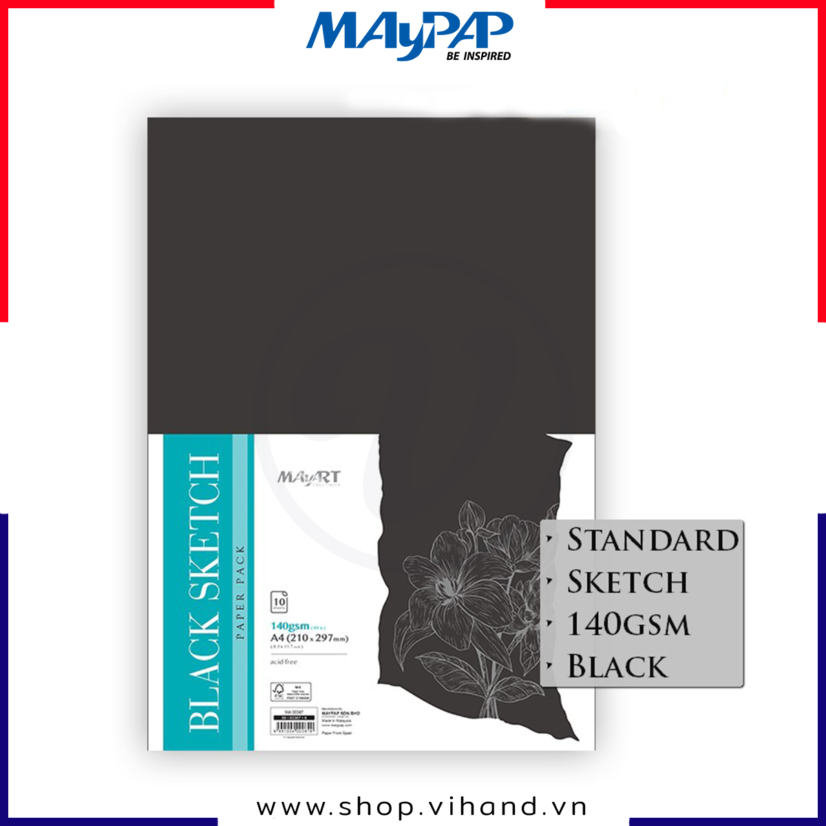 Tập giấy đen vẽ nghệ thuật MayArt Black Sketch Paper Pack 140gsm – 10 tờ