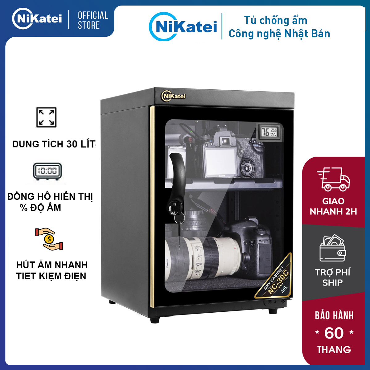 Tủ chống ẩm máy ảnh 30 lít nhập khẩu nikatei nc-30c, tủ hút ẩm bảo quản máy ảnh 30l, 2 ngăn - chính hãng bảo hành 5 năm