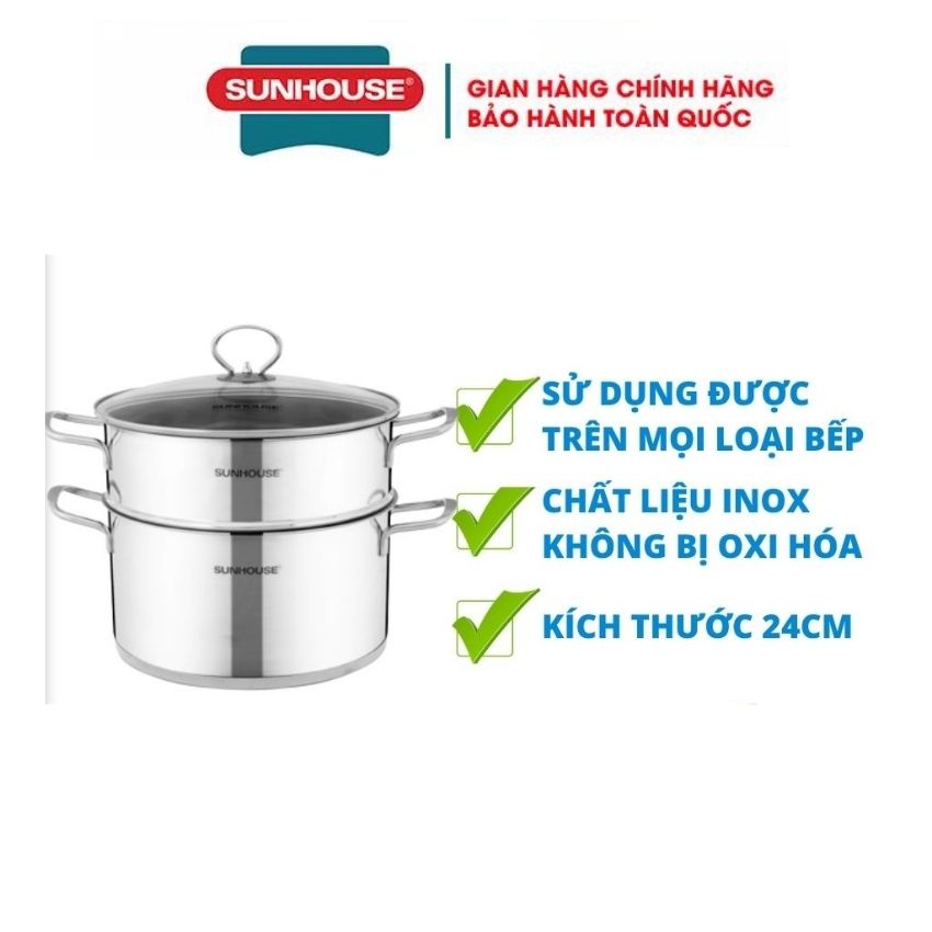 Bộ nồi xửng inox 3 đáy bếp từ nắp kính 24 cm SUNHOUSE Nồi sử dụng được trên bếp từ, bếp ga, bếp hồng ngoại