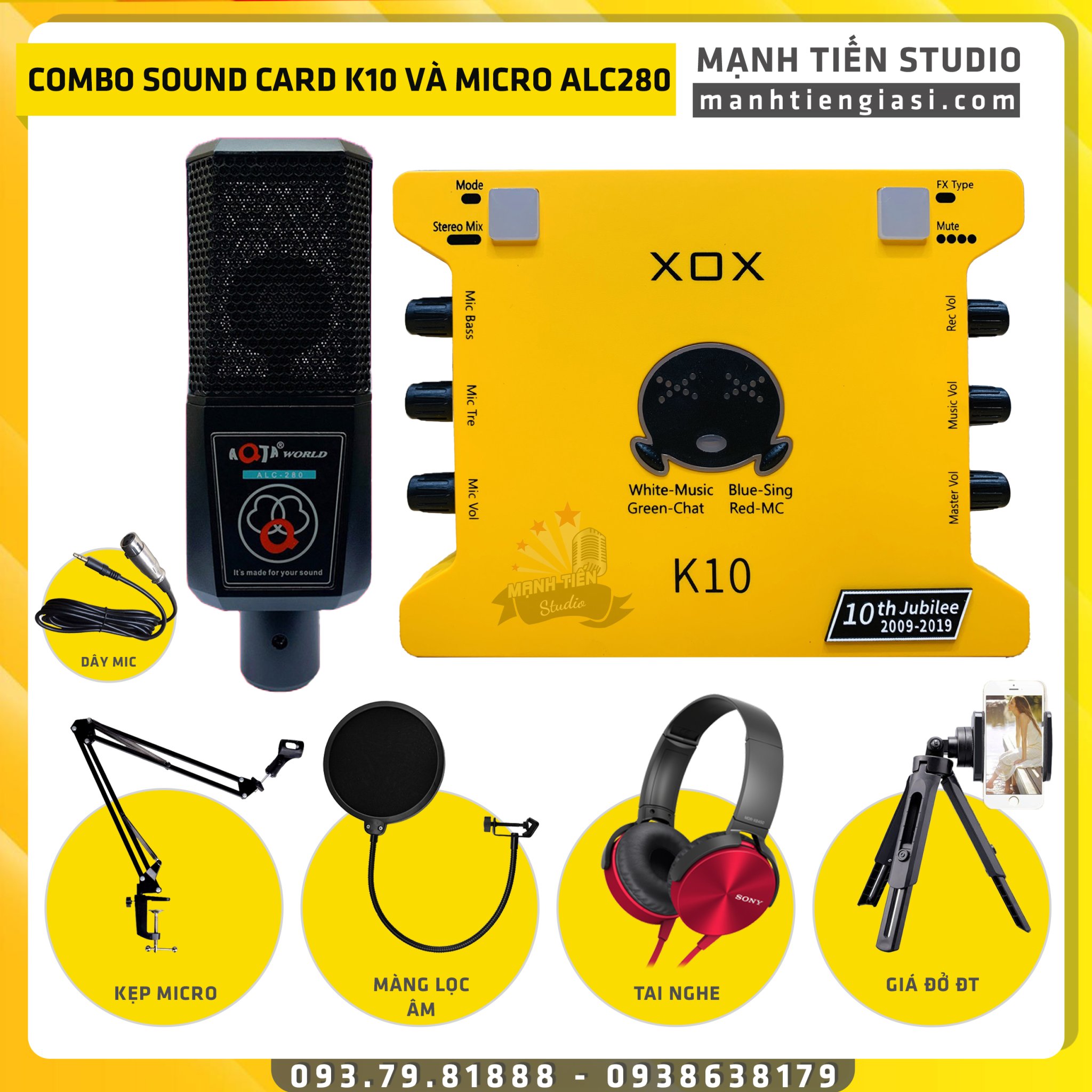 [Combo livestream 2021] Bộ Combo livestream Micro AQTA ALC 280 + Sound card XOX K10 jubilee - Kèm full phụ kiện kẹp micro, màng lọc, tai nghe chụp tai, giá đỡ đt - Thu âm, livestream, karaoke online chuyên nghiệp trên cả điện thoại máy tính - Chính hãng