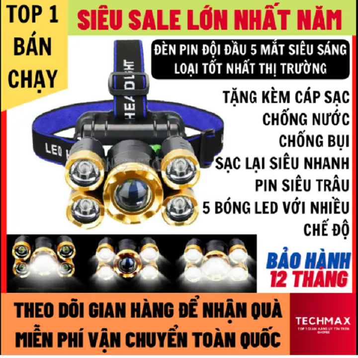 Đèn pin siêu sáng đội đầu 5 bóng to hơn sáng hơn, tặng kèm cáp sạc bảo hành 12 tháng, den pin sieu sang, đèn pin, đèn pin siêu sáng, den pin