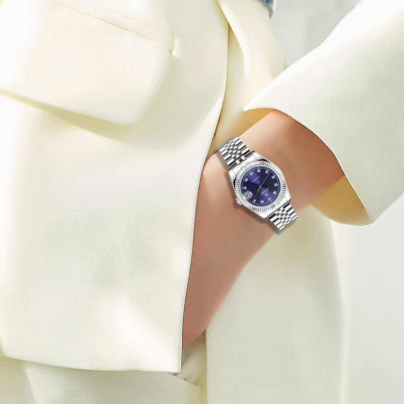 【START】Women's Automatic Mechanical Watch Leisure Fashion Metal Women's Watch Diamond Dial Waterproof Calendar Function ราคา 14,104 บาท*ส่งฟรี