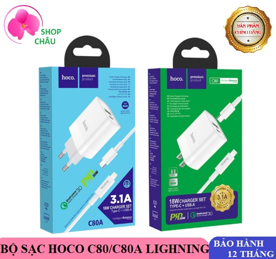 Bộ sạc nhanh usb-c hoco c80/c80a 20w qc3.0 cho iphone/ipad chính hãng, kèm cáp typec to lighning
