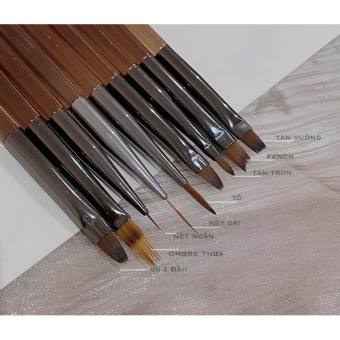 Bộ cọ vẽ cán nâu 9 cây lông chồn mịn đẹp dụng cụ vẽ nail chuyên dụng