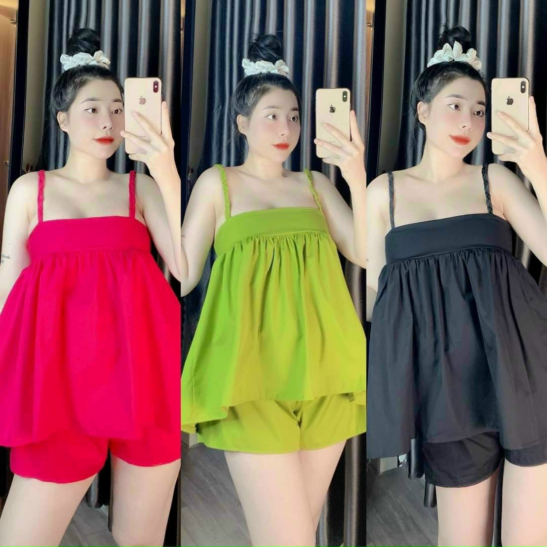Set 2 dây áo bẹt vai bánh bèo kèm quần short siêu sexy nữ
