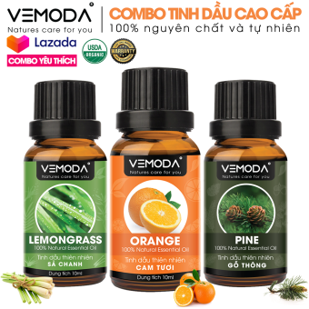 Tinh dầu xông phòng cao cấp gồm 3 chai tinh dầu nguyên chất: tinh dầu Sả chanh (10ml) + tinh dầu Gỗ thông (10ml) + tinh dầu Cam tươi (10ml) Vemoda