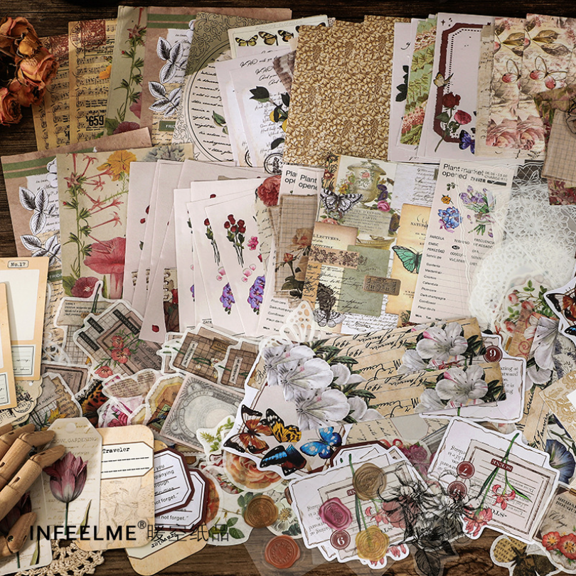 Bộ 130 món làm journal gồm sticker giấy note giấy nền tag phong cách vintage