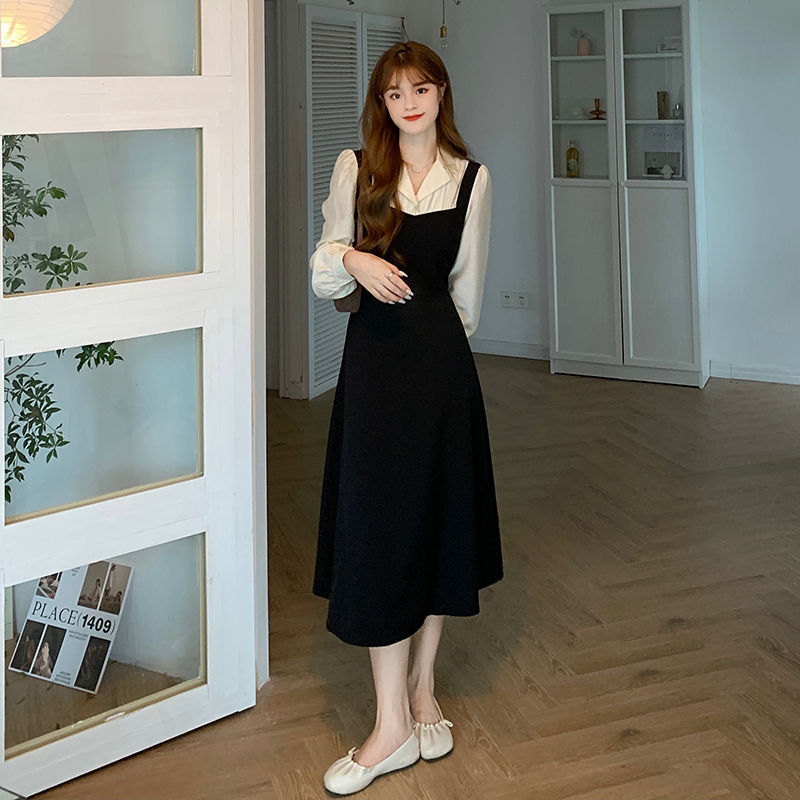 Đầm tiểu thư | đầm nữ dáng dài xòe tiểu thư phối cổ sơ mi xinh xắn ulzzang hàng quảng châu cao cấp