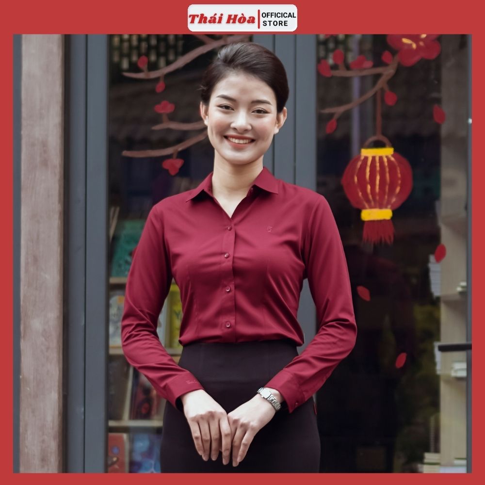 Áo sơ mi nữ Thái Hòa kiểu công sở dài tay màu đỏ đô chất liệu sợi tre mềm mịn siêu thoáng khí mát mẻ 8919-12-01
