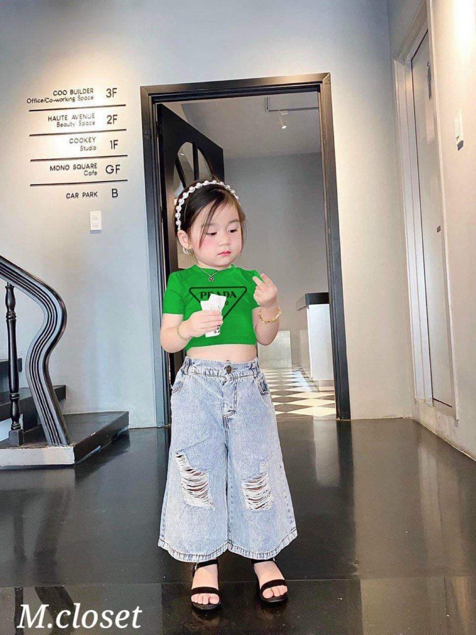 R1-set jean croptop bé gái 10-22kg