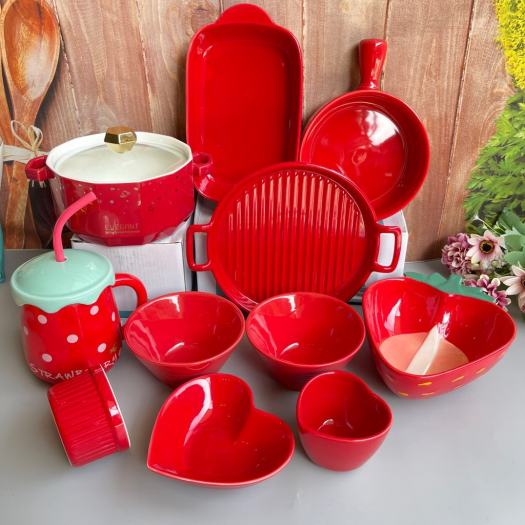 Set Bát Đĩa Chén Dĩa Sứ 🍓Màu Đỏ🍓 Bát Ăn Cơm, Tô Sứ Decor Dễ Thương