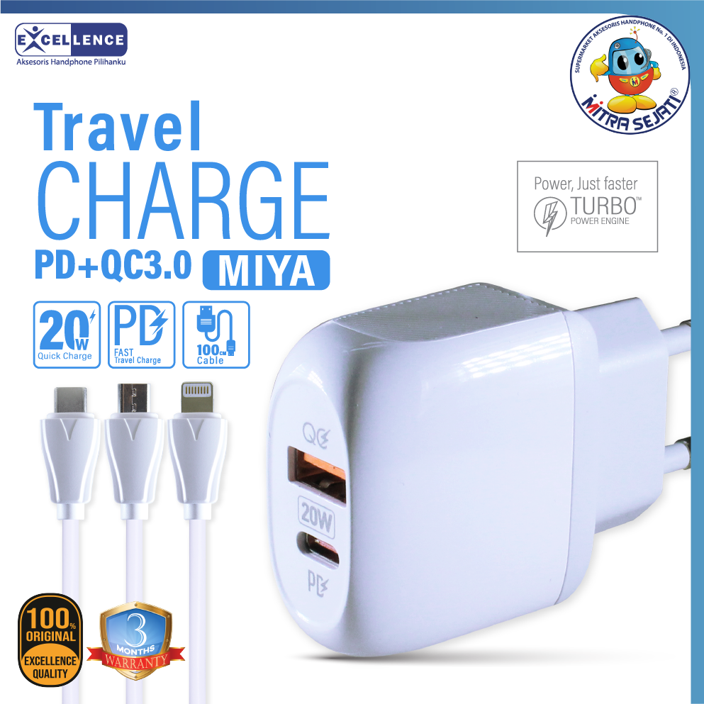 Charger Excellence Miya Fast Charging 20W PD+QC3.0 Original for Micro/Type C/iPhone/C to iPhone Charger Handphone 20W