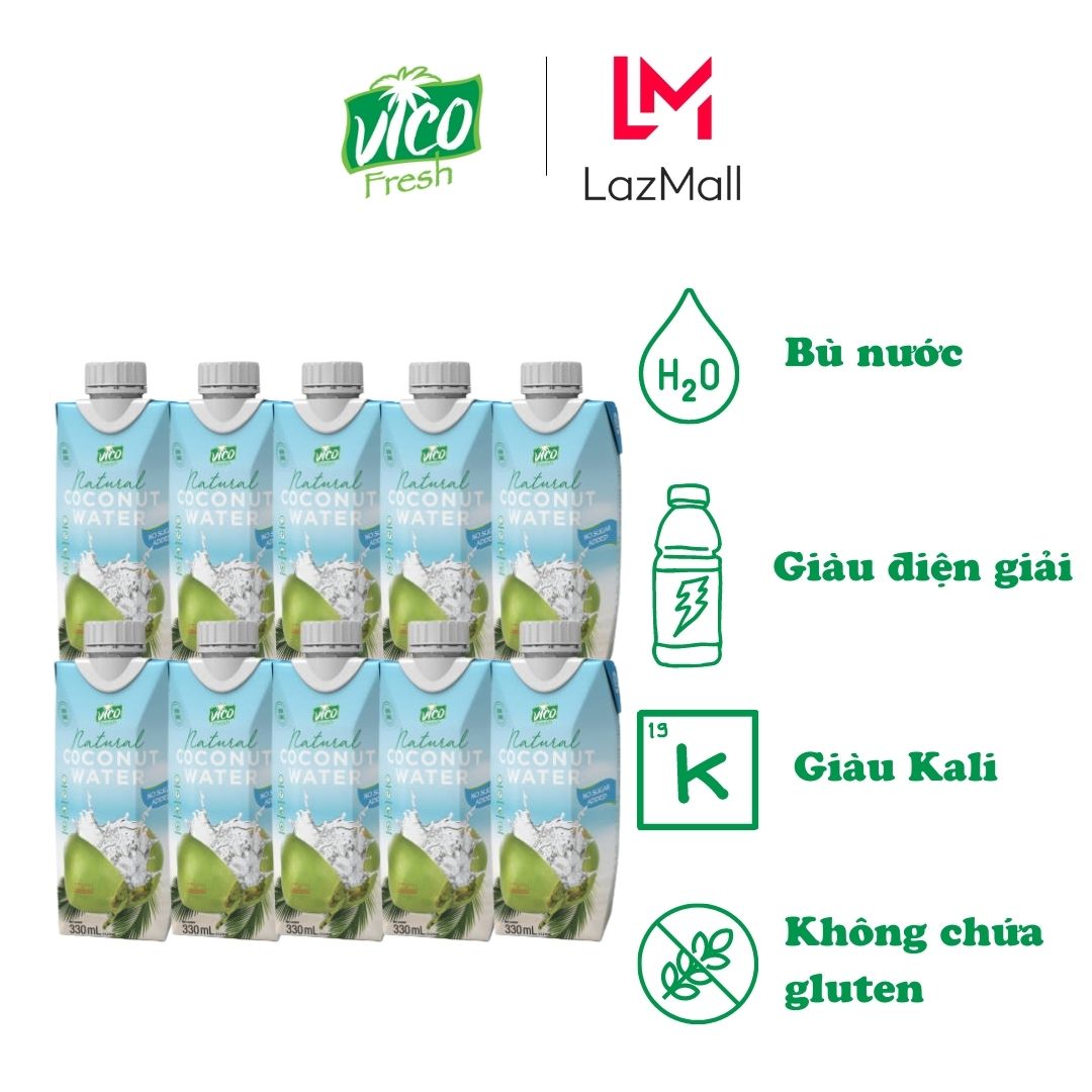 COMBO 10 HỘP NƯỚC DỪA VICO FRESH NATURAL 330ML - VỊ NGUYÊN CHẤT (KHÔNG CHỨA ĐƯỜNG)