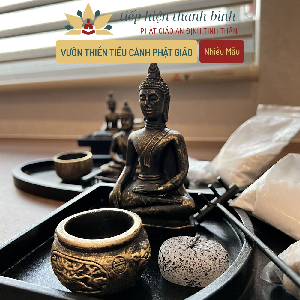 Bộ Vườn Thiền Mini Tiểu Cảnh Phật Giáo Giảm Căng Thẳng đủ phụ kiện tượng, sỏi, cát, khay