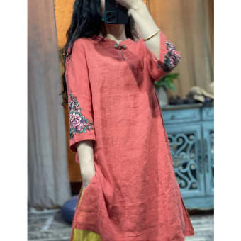 NQZZ Đầm Vải Lanh Và Cotton Thêu Cho Nữ Mùa Hè Với Tay Áo Ba Phần Tư Đầm Sườn Xám Trung Quốc 101NP109