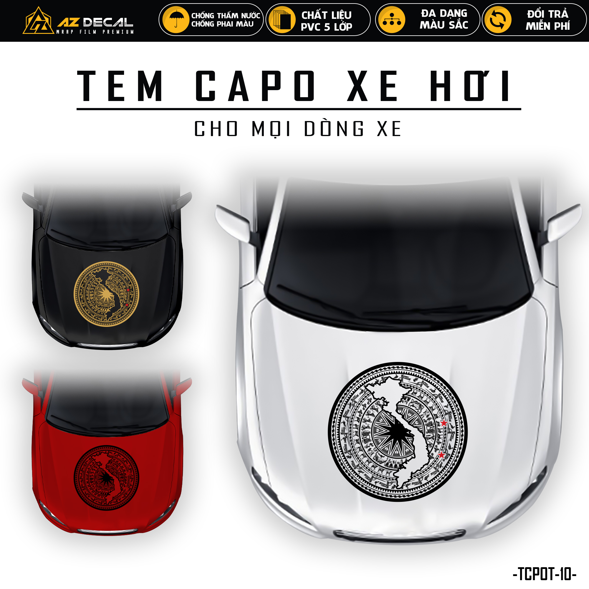 Tem dán nắp capo xe ô tô thiết kế trống đồng | tcpot-10 | decal dán nắp capo, sườn xe oto chống nước, bền màu - azdecal