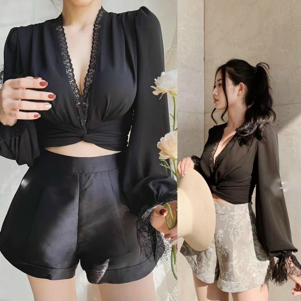 Áo voan phối ren cột nơ dễ phối đồ,áo kiểu cột nơ,ly store
