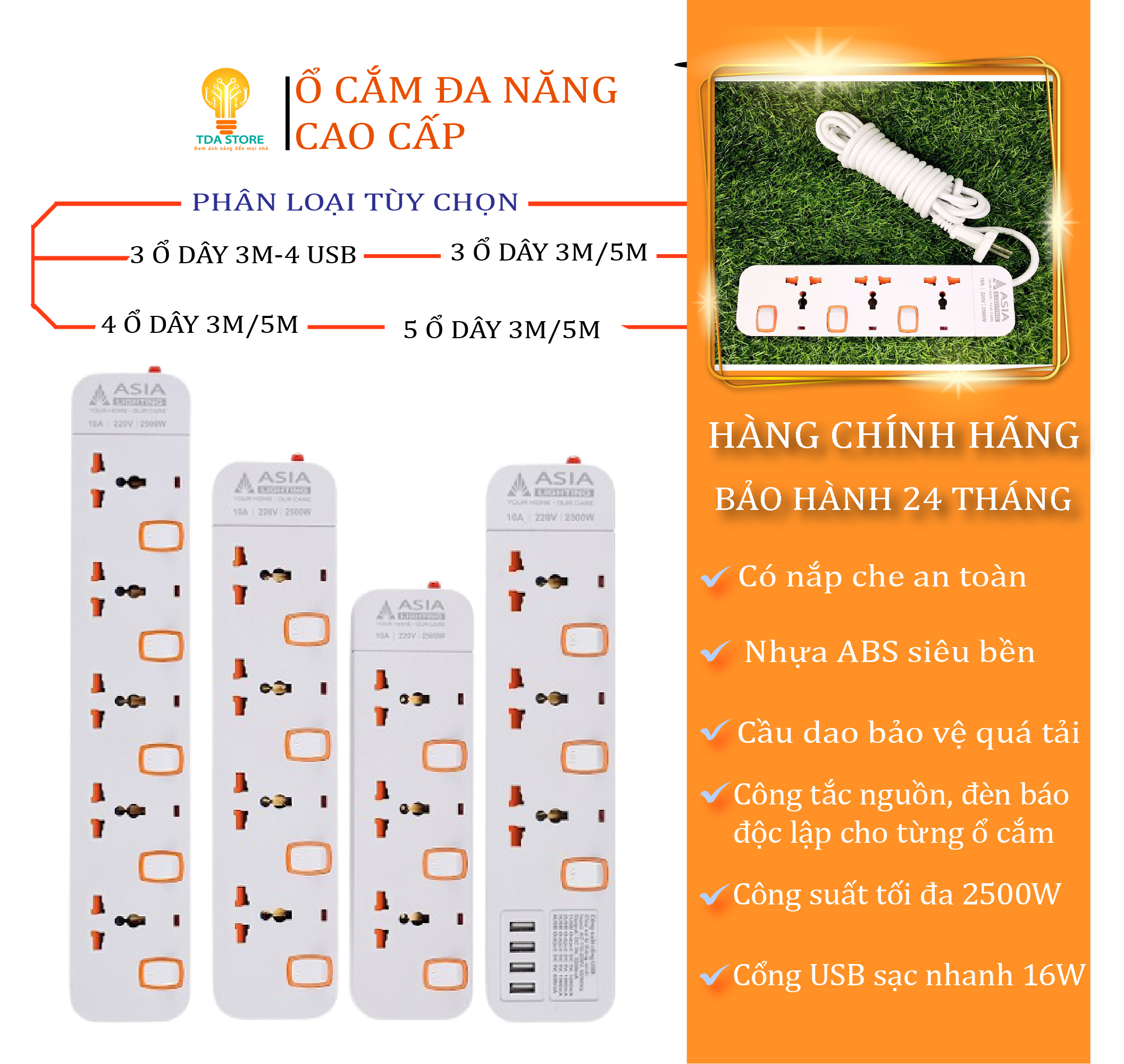 Ổ Cắm Điện Đa Năng Thông Minh Dây Dài 5M Chịu Tải Công Suất Lớn 2500W Có Đầu Cắm USB Chuẩn Sạc Nhanh An Toàn Chống Giật