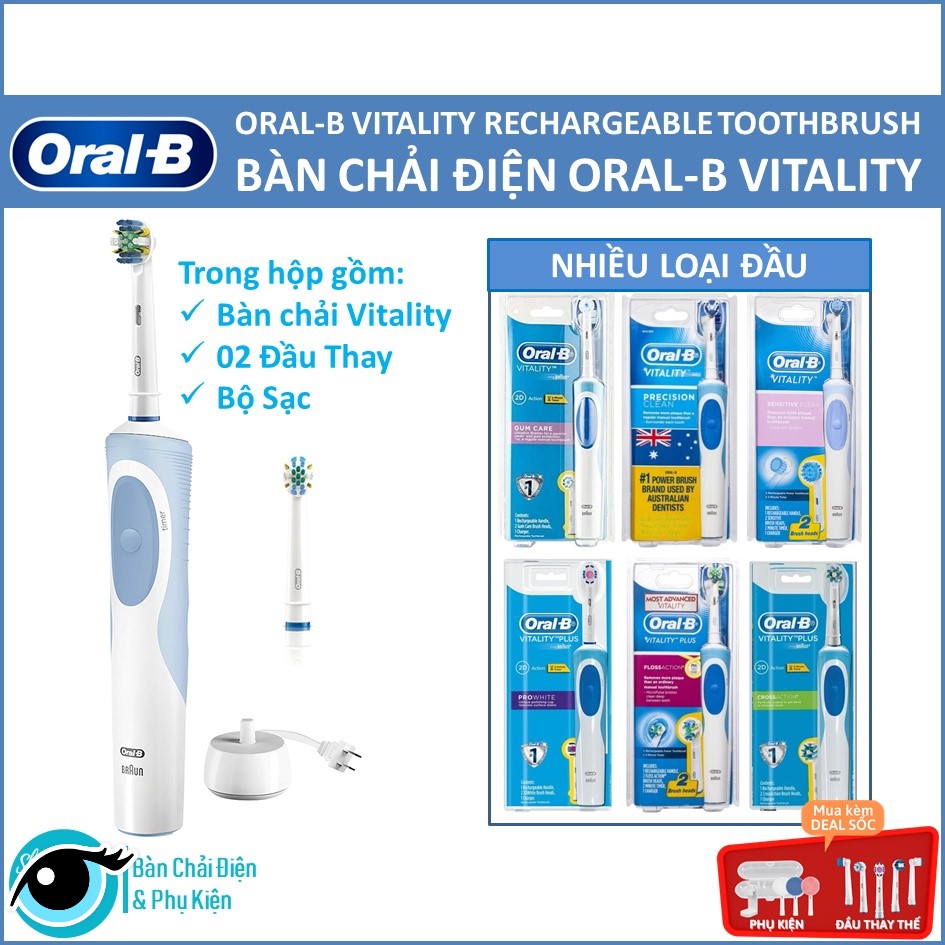 Bàn chải điện O.r.a.l-B Vitality Electric Toothbrush của Úc gồm 1 bàn chải, 1 đầu thay bàn chải, 1 bộ sạc điện - loại có thê thay đầu