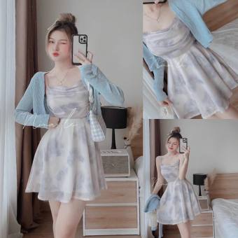 Đầm Xòe 2 Dây Cổ Đổ Voan Hoa Phối Áo Khoác Cotton Dài Tay (Có Mút)LONG Mart Màu Sắc Nhã Nhặn Thật Sự Phù Hợp Để Tới Công Sở, Đi Làm Hoặc Đi Chơi,Free Size Dưới 55kg,Phù Hợp Mọi Với Mọi Phong Các